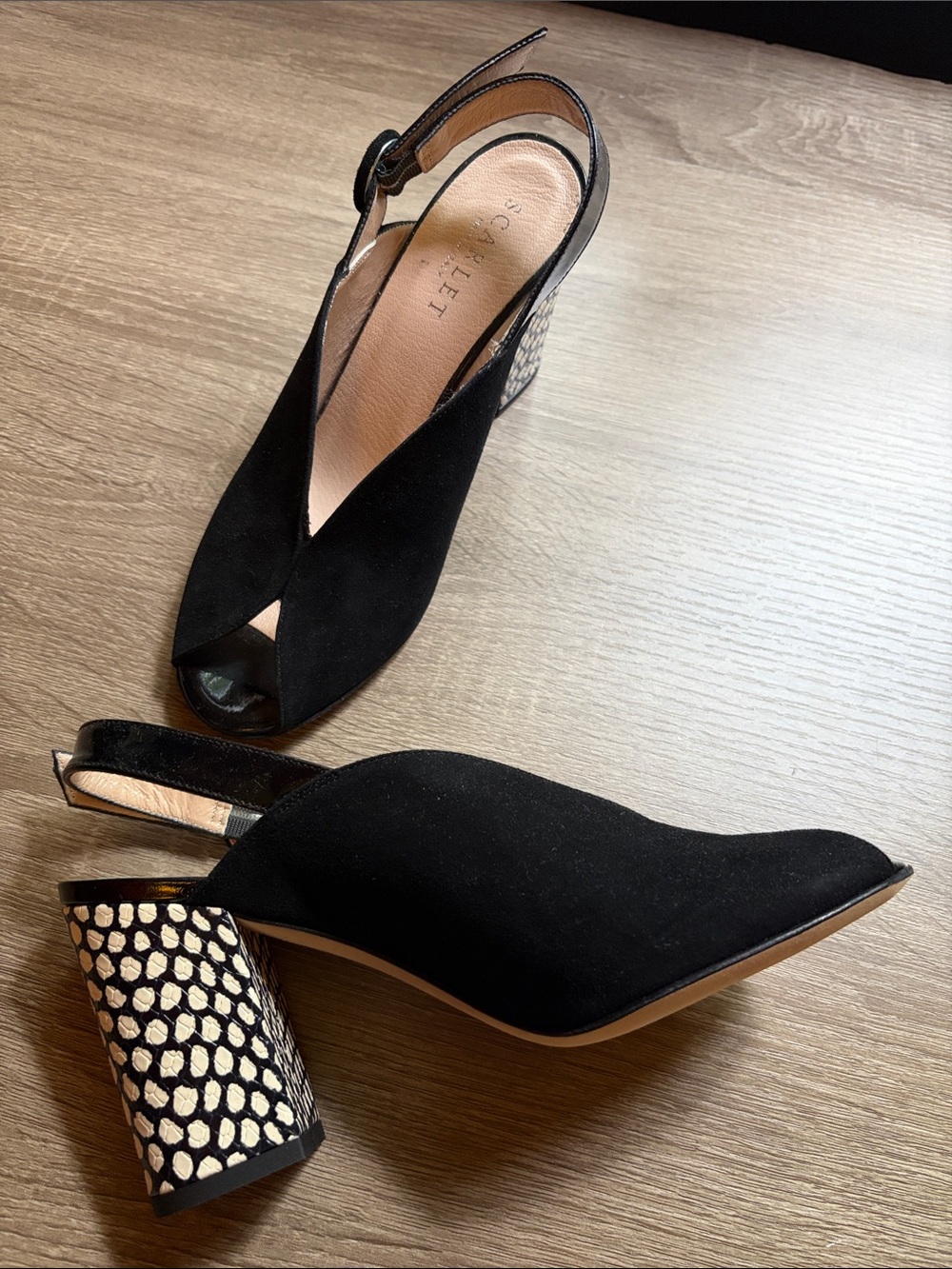 Scarlet Black Suede Slingback Block Heel with Patterned Heel and Open Toe